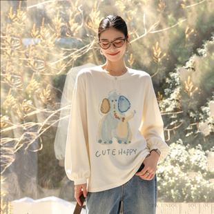 恩佳专享～卡通图案棉麻长袖T恤女宽松微透薄款套头圆领上衣2691