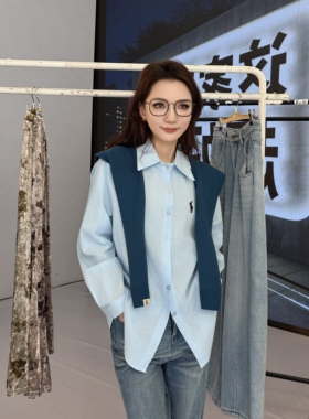 恩佳专享～新款 明朗少女定染鹅黄色亚麻刺绣宽松衬衫外套女6688