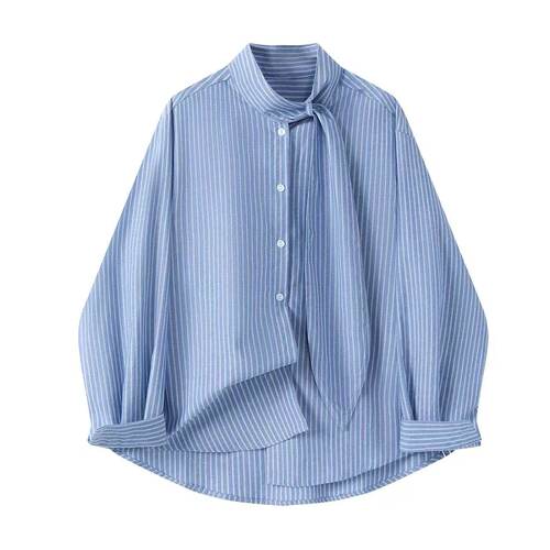 爆米花专享～蓝色飘带立领衬衫外套女春1086