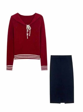 【陈书婷专享】红色毛衣加绒加厚针织半身裙韩系套装 63211##