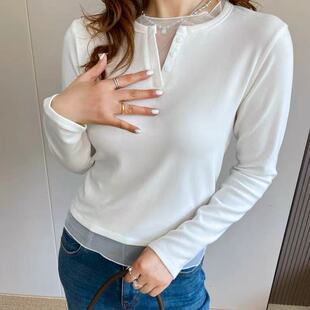 悟空专享～蔓延网纱拼接假两件长袖 T恤女2126