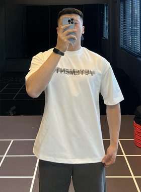 IRONTRAP重磅棉斑驳字母印花短袖简约T恤男基础白色打底衫上衣春