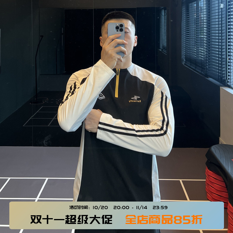 半拉链撞色印花运动T恤男秋冬季
