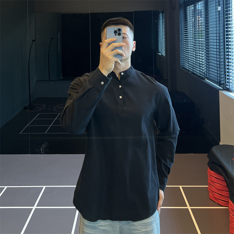 纯棉亨利领宽松日系衬衫男秋冬季