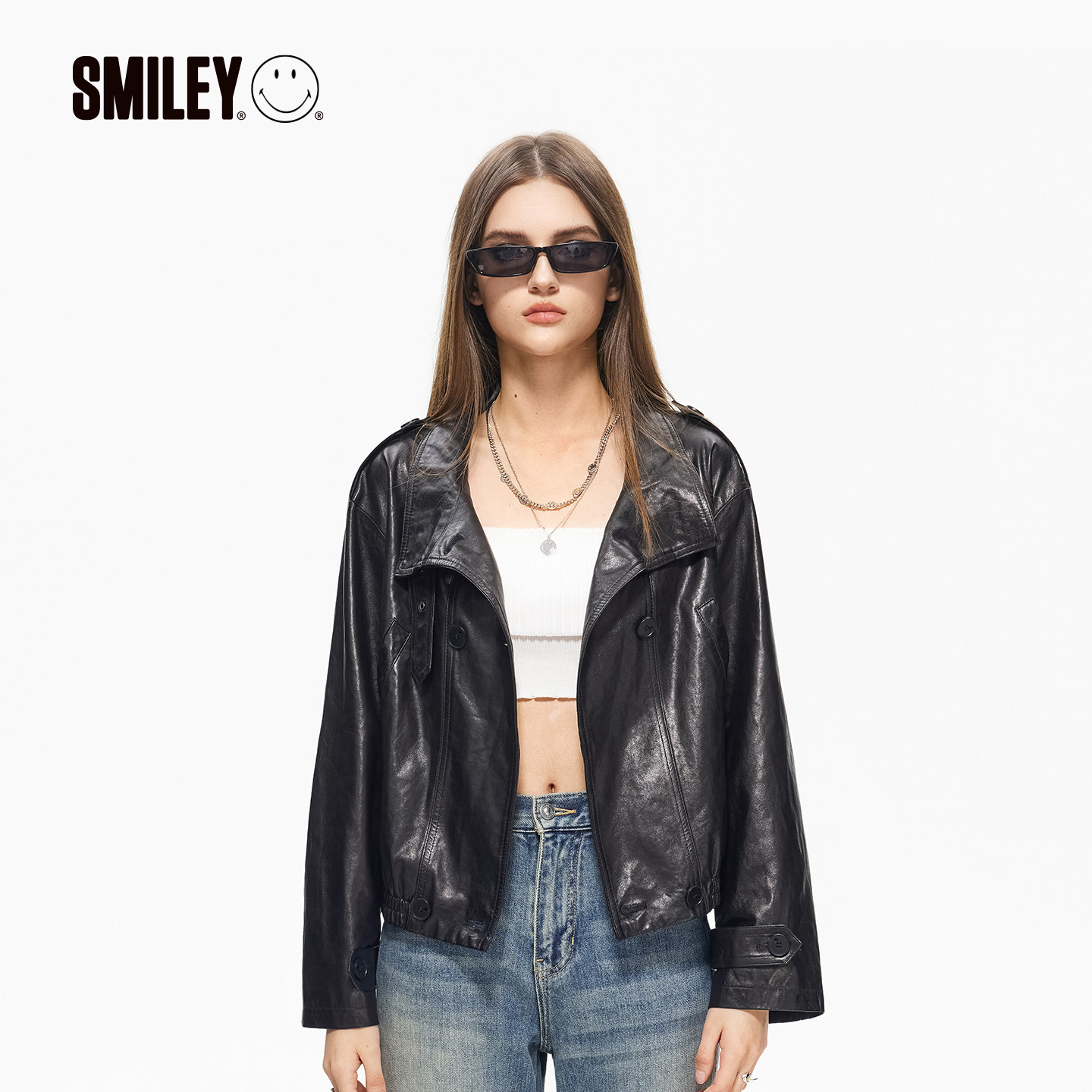 SMILEY新款立领皮衣短外套