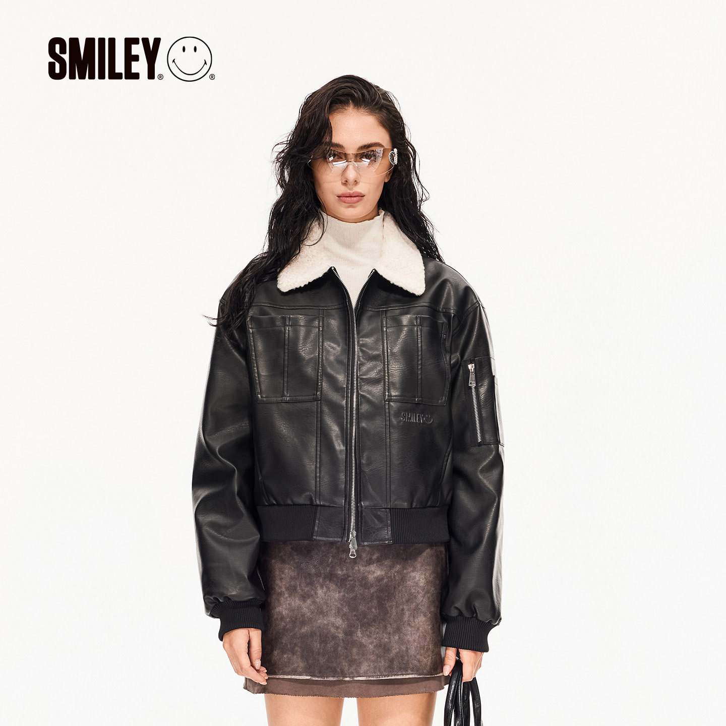 SMILEY/微笑宝贝秋冬新款毛领皮衣外套女时尚潮流百搭机车风夹克