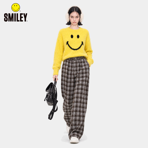 SMILEY秋冬女高腰风格纹阔腿裤