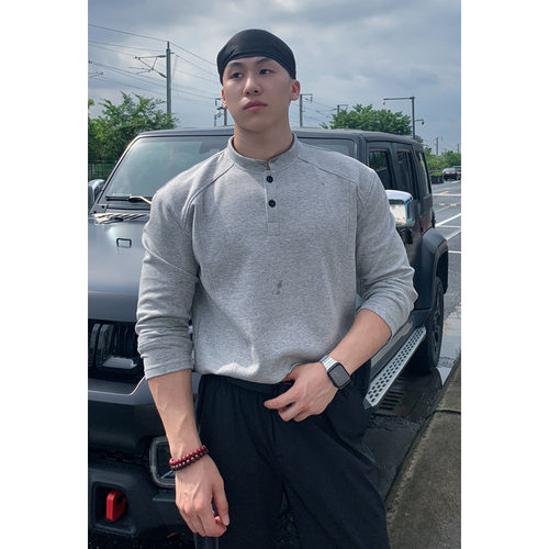 亨利领黑色潮牌男秋季T恤