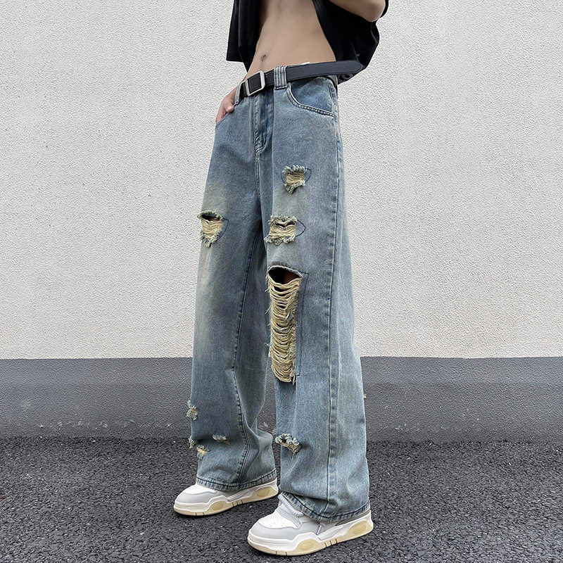 美式水洗破洞牛仔裤痞帅阔腿裤子