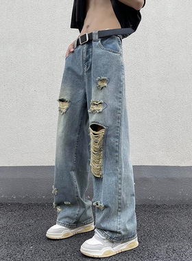 美式水洗破洞牛仔裤款潮牌ins街乞丐裤春秋痞帅休闲宽松阔腿裤子