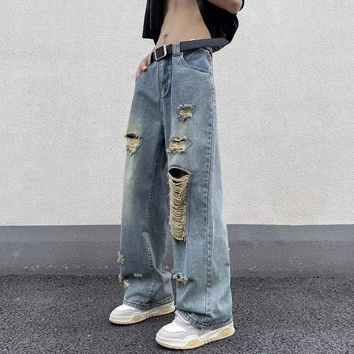 美式水洗破洞牛仔裤痞帅阔腿裤子