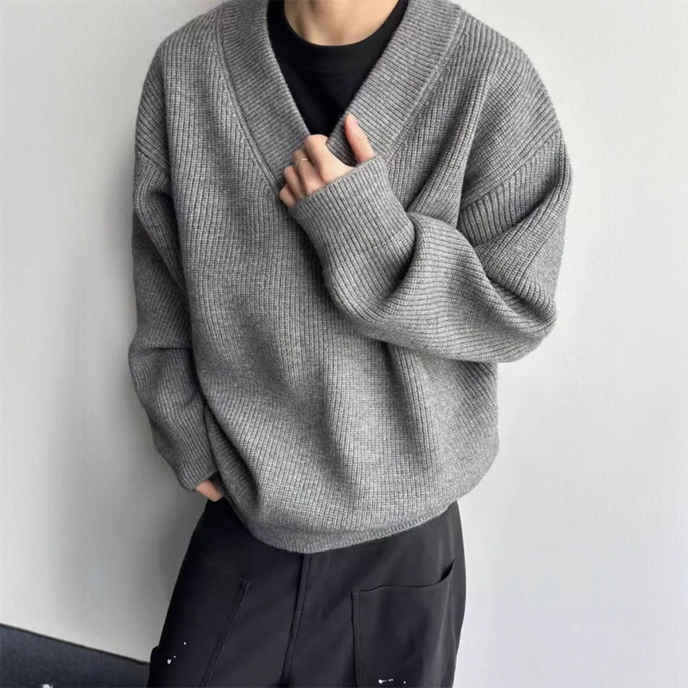 美式复古灰色v领毛衣男款