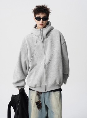 不规则拼接缝夹克外套男冬季美式设计感加绒帽衫潮牌百搭休闲