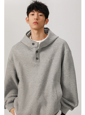 450g重磅boxy短款卫衣男生春秋新款美式宽松纽扣连帽硬挺宽松秋冬