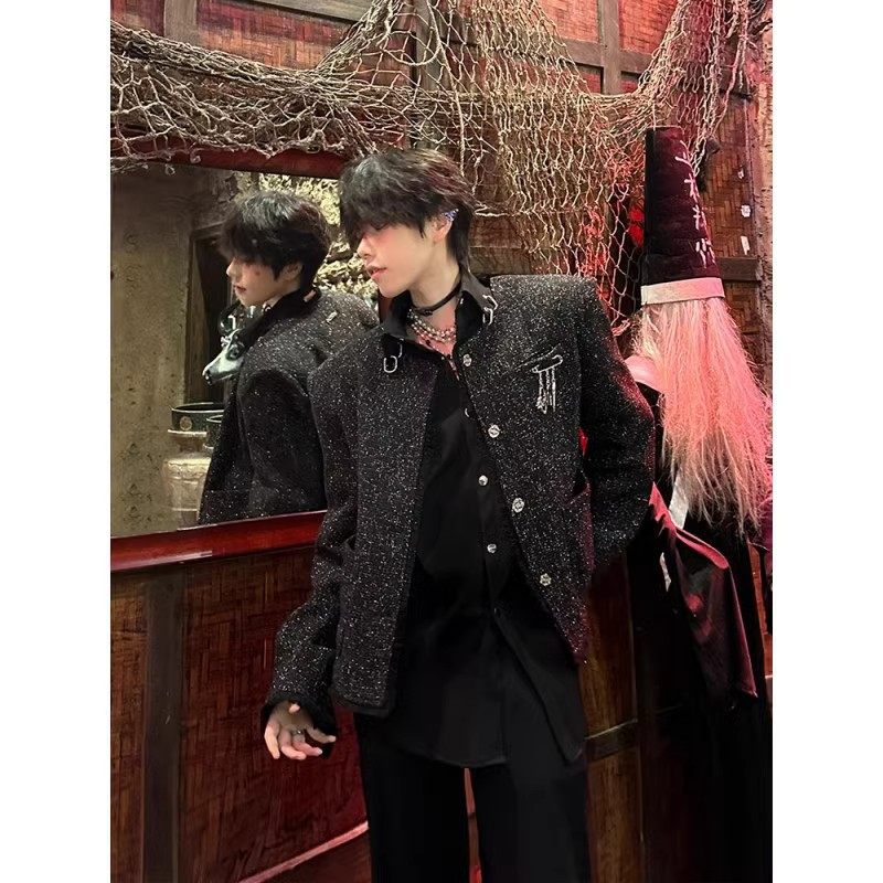 黑色垫肩小香风外套男款秋季感