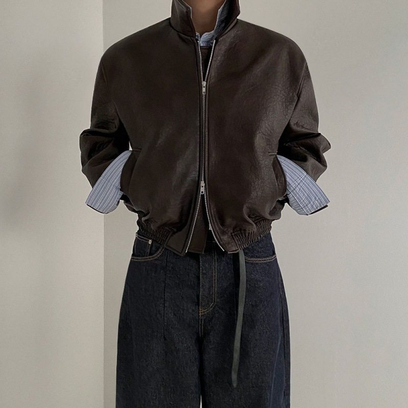 MYQ美拉德复古短款皮衣男春季宽松翻领外套韩版潮流做旧皮夹克