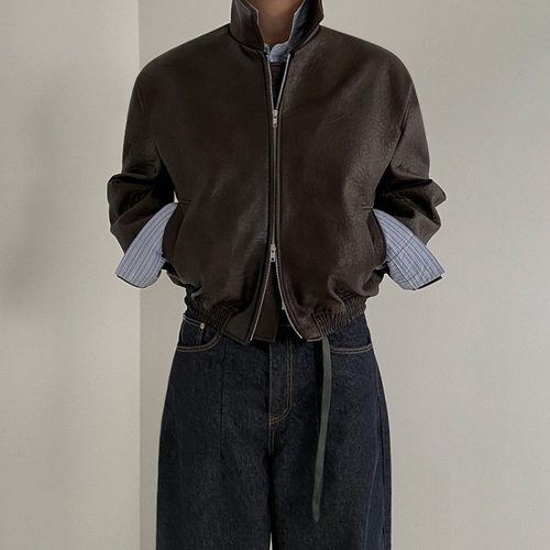 MYQ美拉德复古短款皮衣男春季宽松翻领外套韩版潮流做旧皮夹克