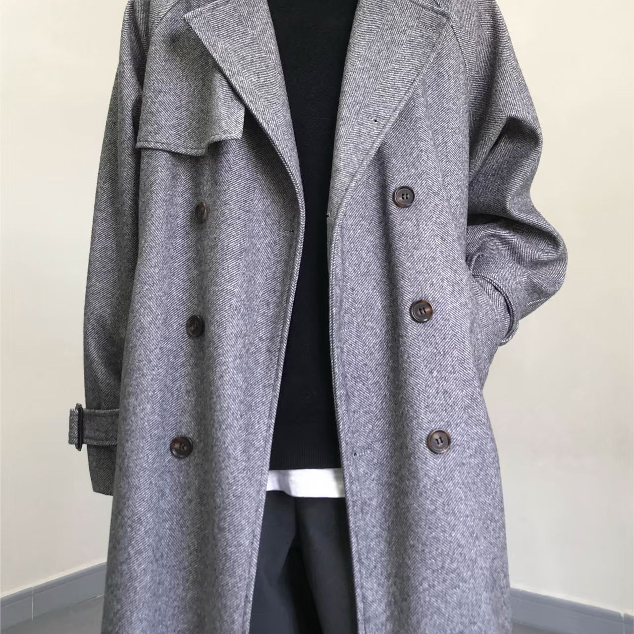 DK格纹灰色毛呢大衣中长款