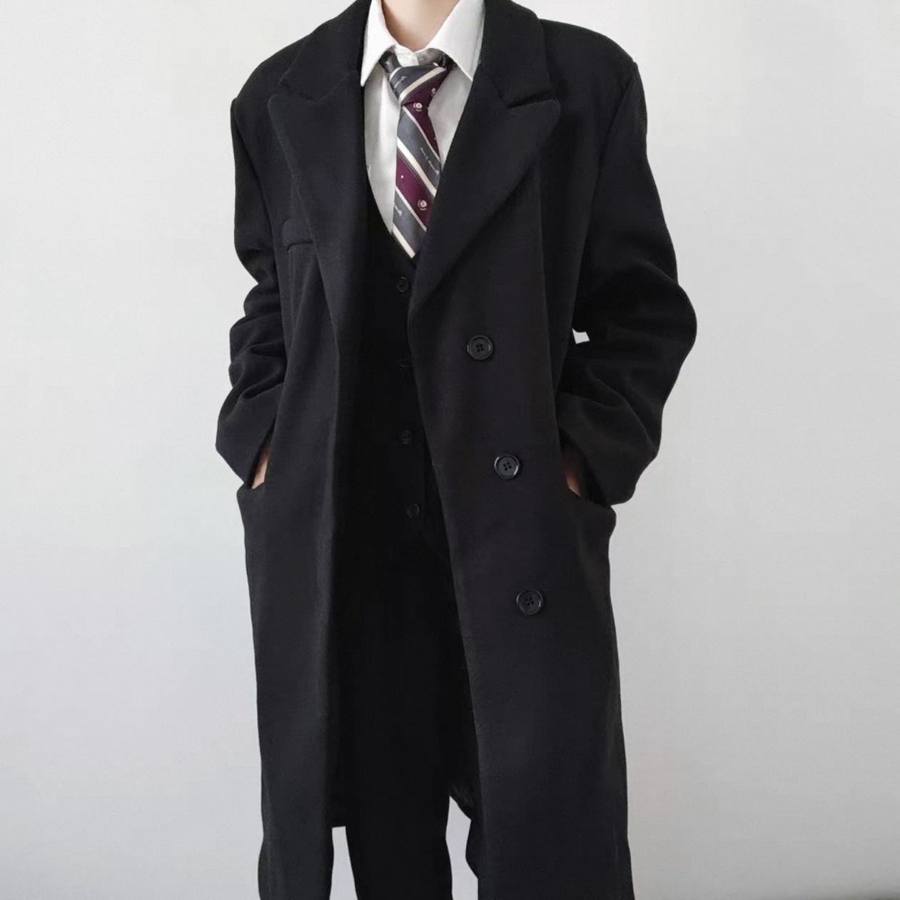 秋冬DK黑色毛呢长款大衣套装男