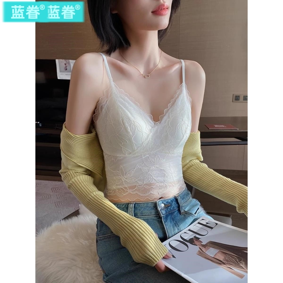 无痕吊带背心女夏季薄款带胸垫内搭法式蕾丝美背一体式文胸内衣女