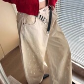 复古做旧泼墨涂鸦高级感痞帅裤 子情侣白牛仔裤 男女同款 美式 弯刀裤