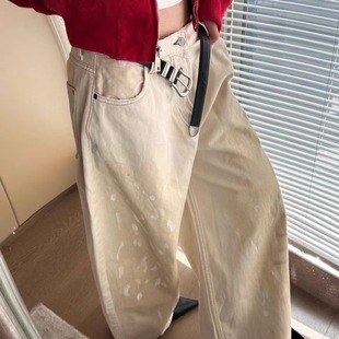 美式复古做旧泼墨涂鸦高级感痞帅裤子情侣白牛仔裤男女同款弯刀裤