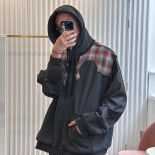 撞色格子拼接双面穿拉链连帽卫衣男女同款宽松百搭高级感连帽外套