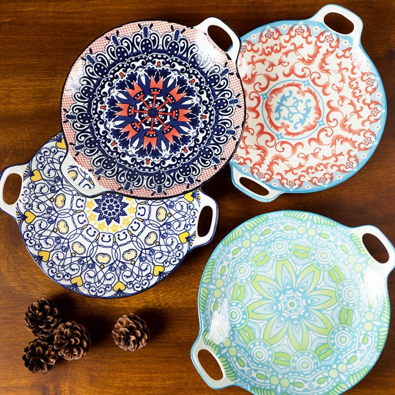 釉下彩新疆民族风餐具波西米亚菜盘家用陶瓷餐盘创意双耳盘子碟子,餐饮具,盘,淘宝优惠券,粉丝福利购,淘宝优惠卷