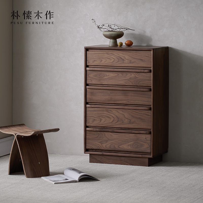 朴愫木作黑胡桃实木五斗柜主卧抽屉柜客厅立柜靠墙沙发边柜中古柜