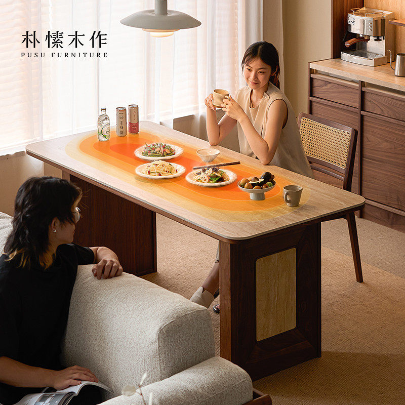 朴愫木作洞石岩板餐桌北美黑胡桃实木家用加热发热桌子复古长方形
