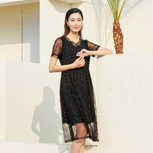 黑色网纱连衣裙女春夏新品时尚经典红色爱心收腰长裙盈达女装