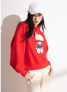 秋季女款卡通连帽红色长袖卫衣