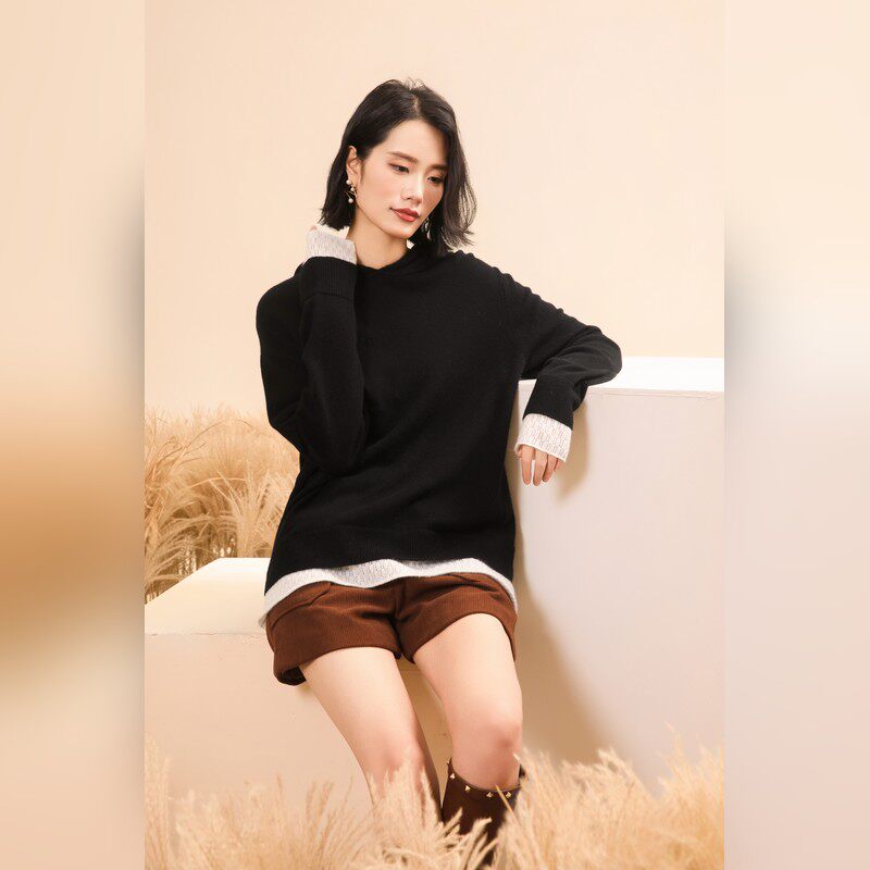驼绒假两件连帽毛衣女秋冬宽松