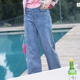 子高档品牌女装 通勤高腰显瘦休闲长裤 春夏新品 盈达蓝色牛仔裤