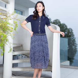 上衣高档品牌女装 亲肤软糯舒适短袖 春夏新品 盈达宝蓝色针织衫