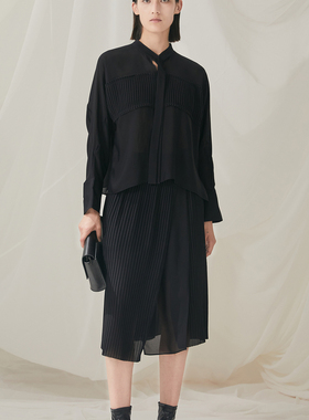 MAO MART原创｜新中式压褶拼接半裙黑色设计气质双层半身裙