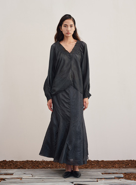 MAO MART原创｜新中式桑蚕丝轻薄慵懒风牙尖真丝衬衫长袖V领上衣