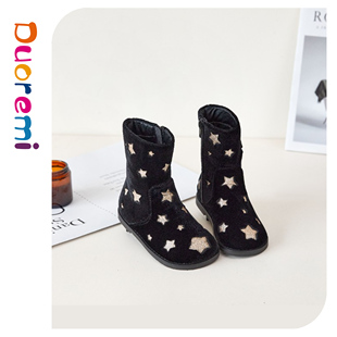Duoremi中国风绒面BR2347手工童靴亮星星丝绒软底时尚女童中筒靴