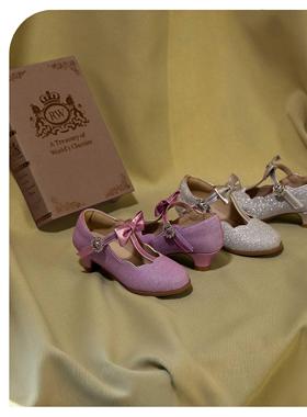 DuoReMi童鞋BR2513蝴蝶结细闪公高跟鞋25年秋季女童水晶小皮鞋