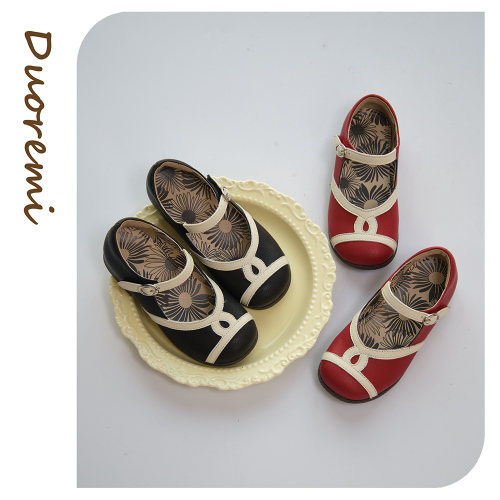 duoremi小香风公主26ss22拼色女童软底单鞋女复古百搭平底皮鞋