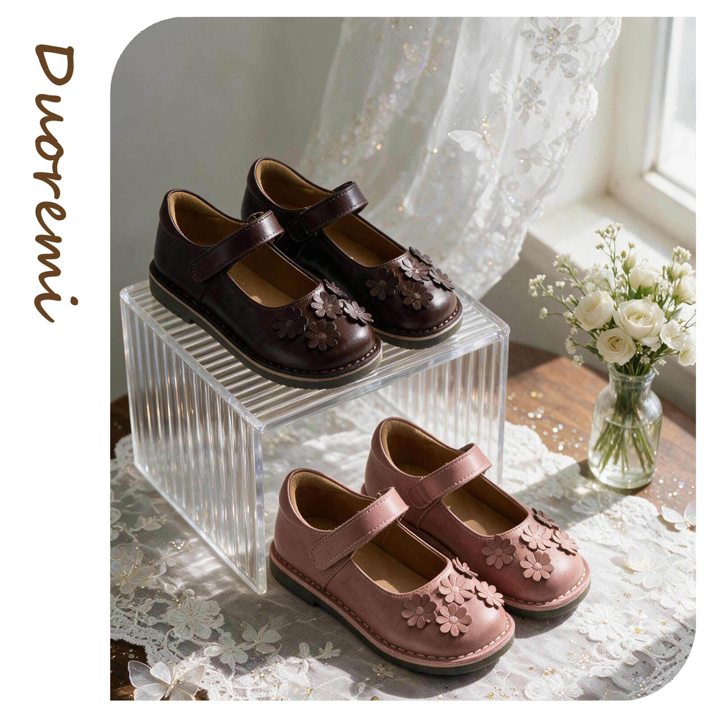 Duoremi秋款26AW08时尚小花牛皮单鞋女童软底皮鞋公主鞋图片