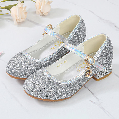 儿童银色高跟皮鞋女童走秀公主鞋