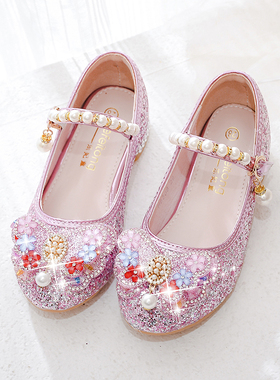 女童高跟鞋2025春秋新款单鞋蓝色亮片闪耀公主鞋时尚圆头防滑鞋子