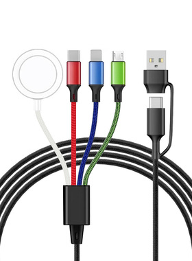 彩色编织一二拖四数据线无线充电器适用苹果iPhone14/15/16手表iwatch1/2/3/4/5/6/7/8/9安卓四合一充电线