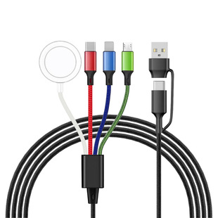 彩色编织一二拖四数据线无线充电器适用苹果iPhone14/15/16手表iwatch1/2/3/4/5/6/7/8/9安卓四合一充电线