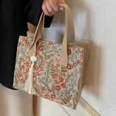 今年流行包包女2025新款 麻布手提袋女ins上课通勤百搭碎花托特包