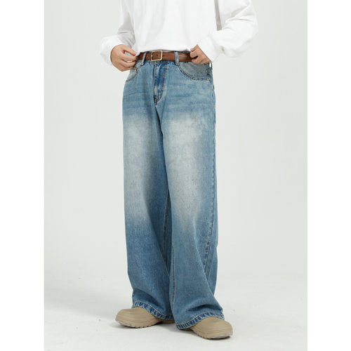 MTLCLOTHES男装| 韩版宽松百搭磨白蓝色直筒阔腿牛仔裤男休闲日常