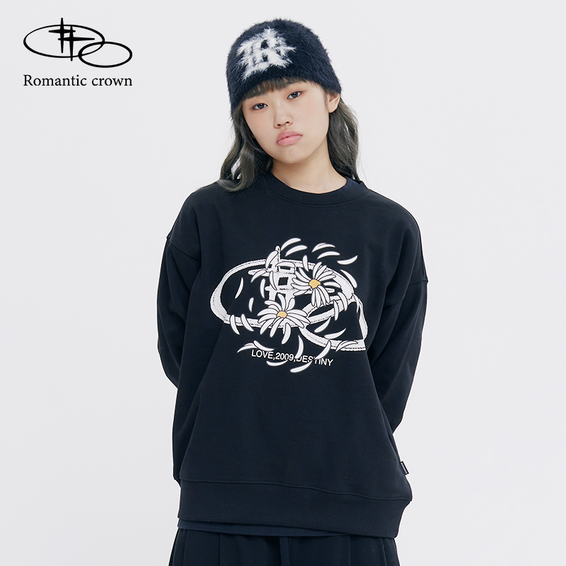 RomanticCrown秋冬新款针织菊花圆领纯色卫衣落肩男女同款