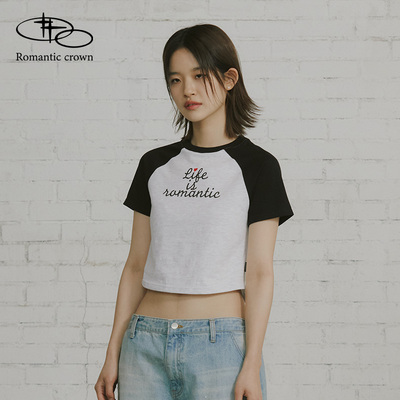 RomanticCrown夏季新款女士圆领韩版修身露脐短款短袖修身型