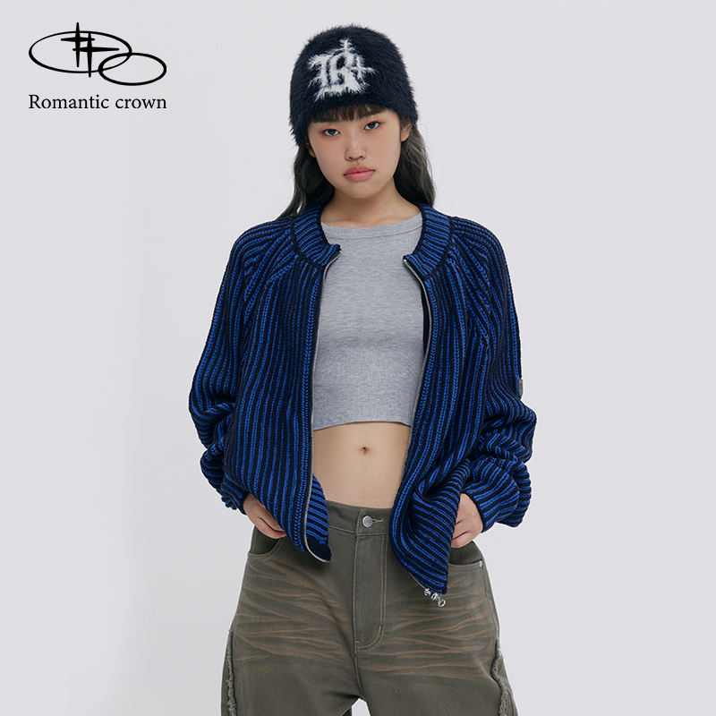 RomanticCrown24秋冬新款双色拉链休闲骑行风针织衫毛衣男女同款